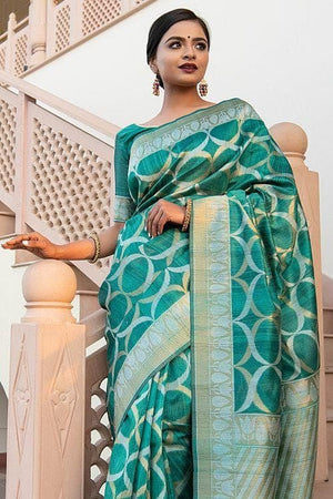 Turkish Blue Banarasi Raw Silk Fusion Saree