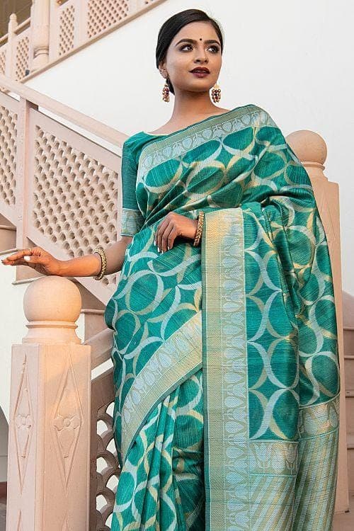 Turkish Blue Banarasi Raw Silk Fusion Saree