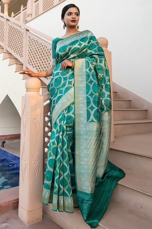 Turkish Blue Banarasi Raw Silk Fusion Saree