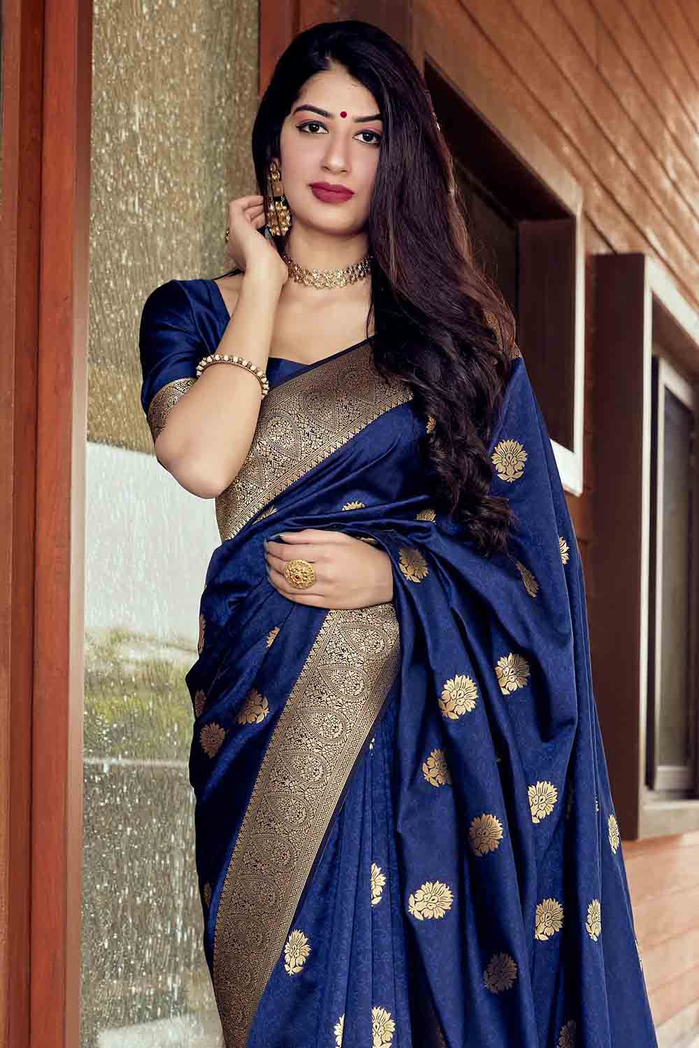 Navy Blue Color Royal Banarasi Saree For Wedding – Joshindia