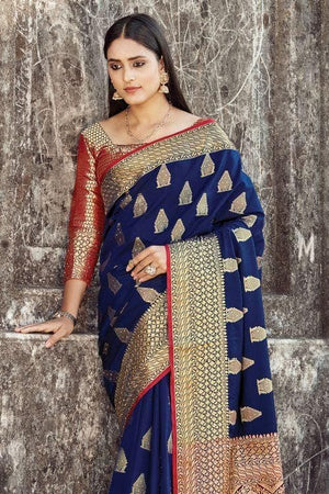 Admiral Blue Zari Butta Woven Banarasi Saree