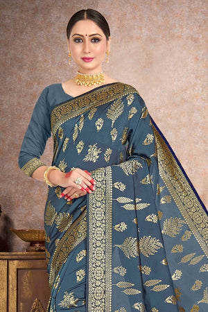 Aegean Blue Printed Banarasi Saree