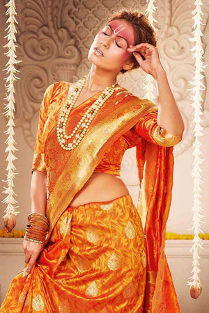 Amber Orange Zari Butta Woven Banarasi Saree