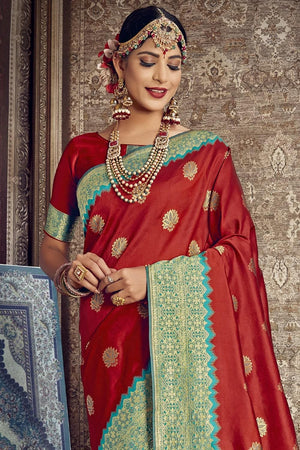 Banarasi Saree Apple Red Zari Woven Banarasi Saree saree online