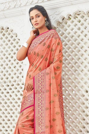 Apricot Orange Banarasi Raw Silk Saree