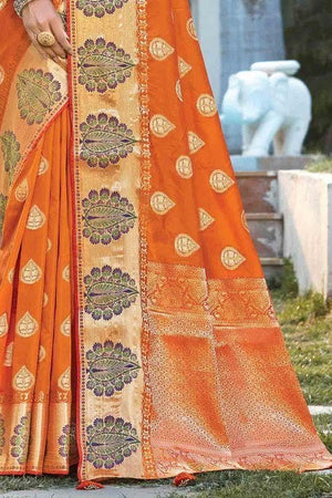 Apricot Orange Leaf Butta Banarasi Saree