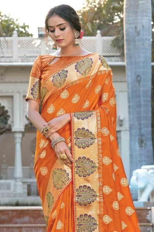 Apricot Orange Leaf Butta Banarasi Saree