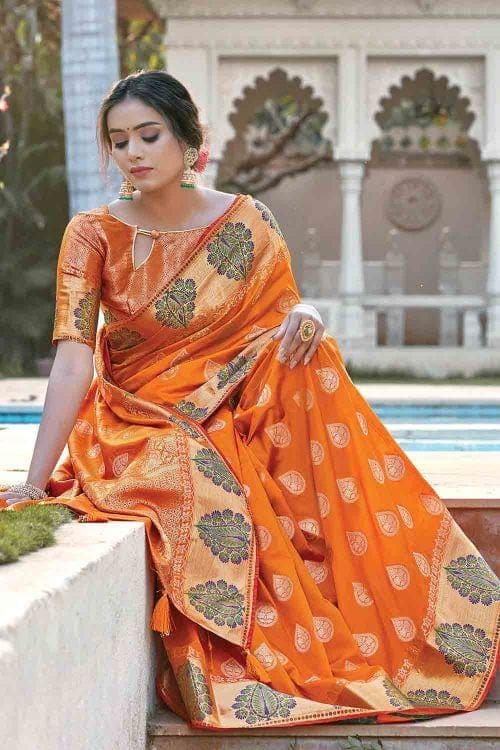 Apricot Orange Leaf Butta Banarasi Saree