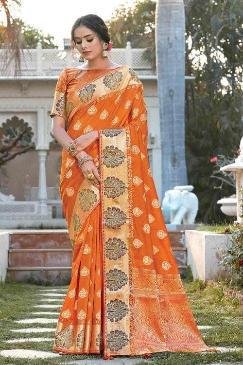 Apricot Orange Leaf Butta Banarasi Saree