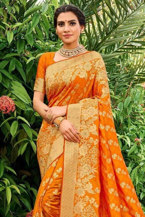 Tangerine-Tango Banarasi Floral Jaal Pattern Pashmina Silk Saree With  Mughal Motif Tassel Pallu | Exotic India Art