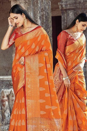 Apricot Orange Zari Butta Woven Banarasi Saree