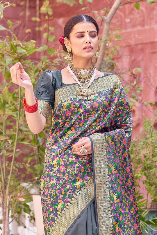 Asher Grey Kashmiri Zari Woven Saree