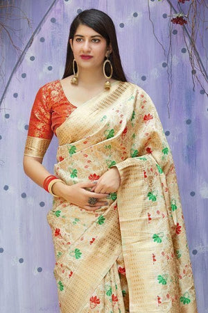 Banarasi Chanderi Saree In Cream Colour