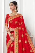 Beautiful coral red banarasi  saree - From Wedding sutra collection - Buy online on Karagiri - Free shipping to USA