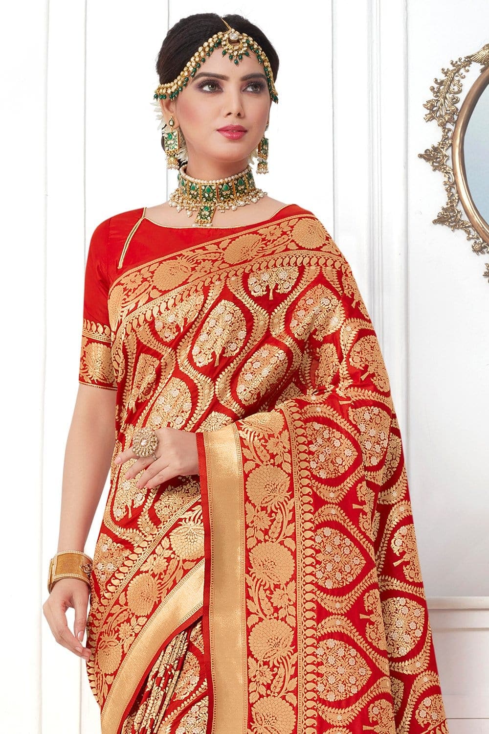 Buy Beautiful lava red banarasi saree - From Wedding sutra collection ...