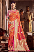 Beautiful Orange,Pink Banarasi Saree