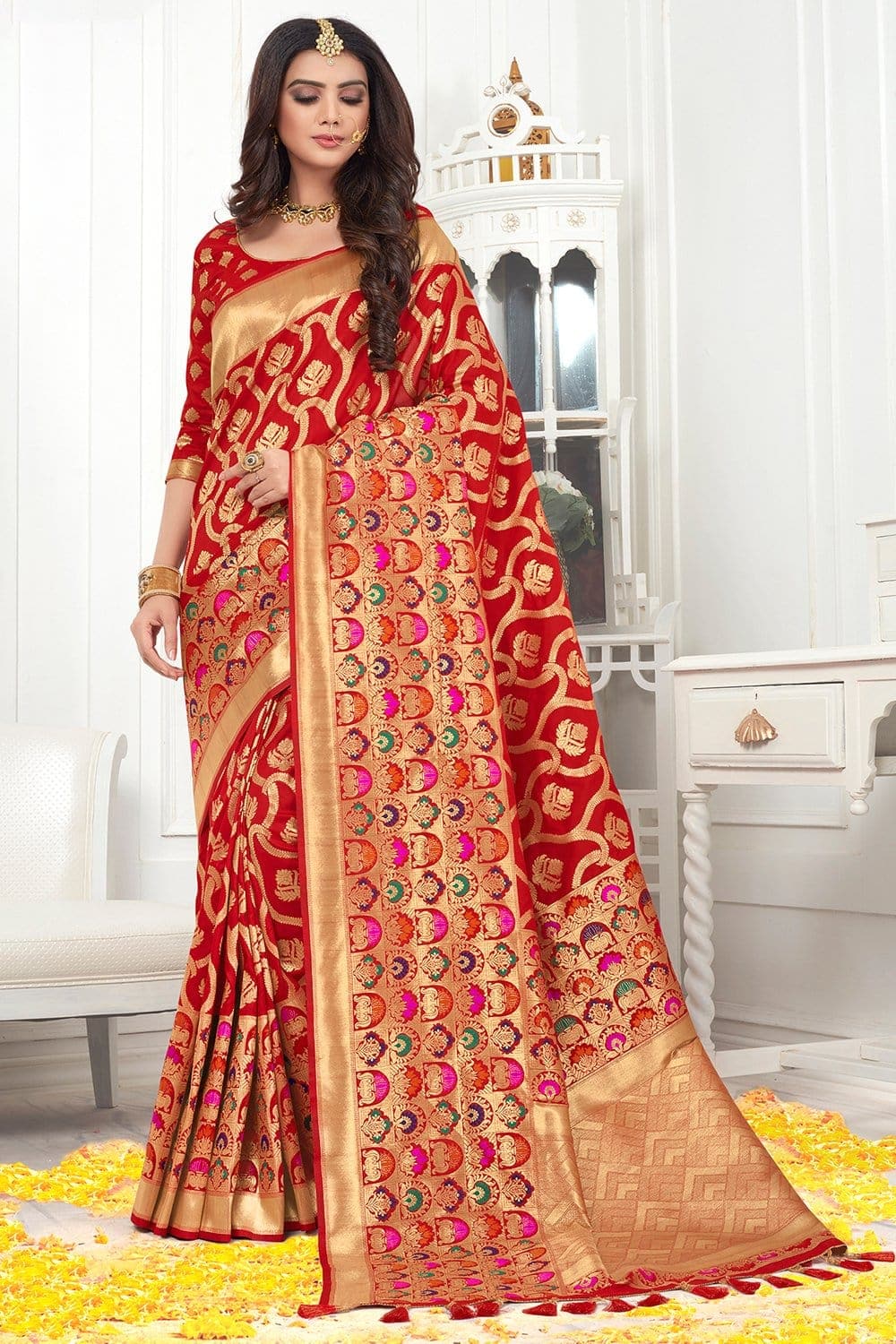 Beautiful pomegranate red banarasi  saree - From Wedding sutra collection - Buy online on Karagiri - Free shipping to USA