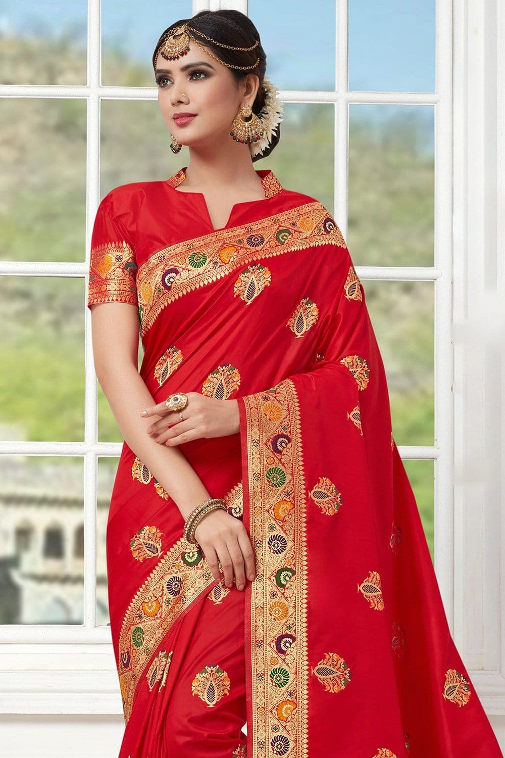 Buy Beautiful radish red banarasi saree - From Wedding sutra collection ...