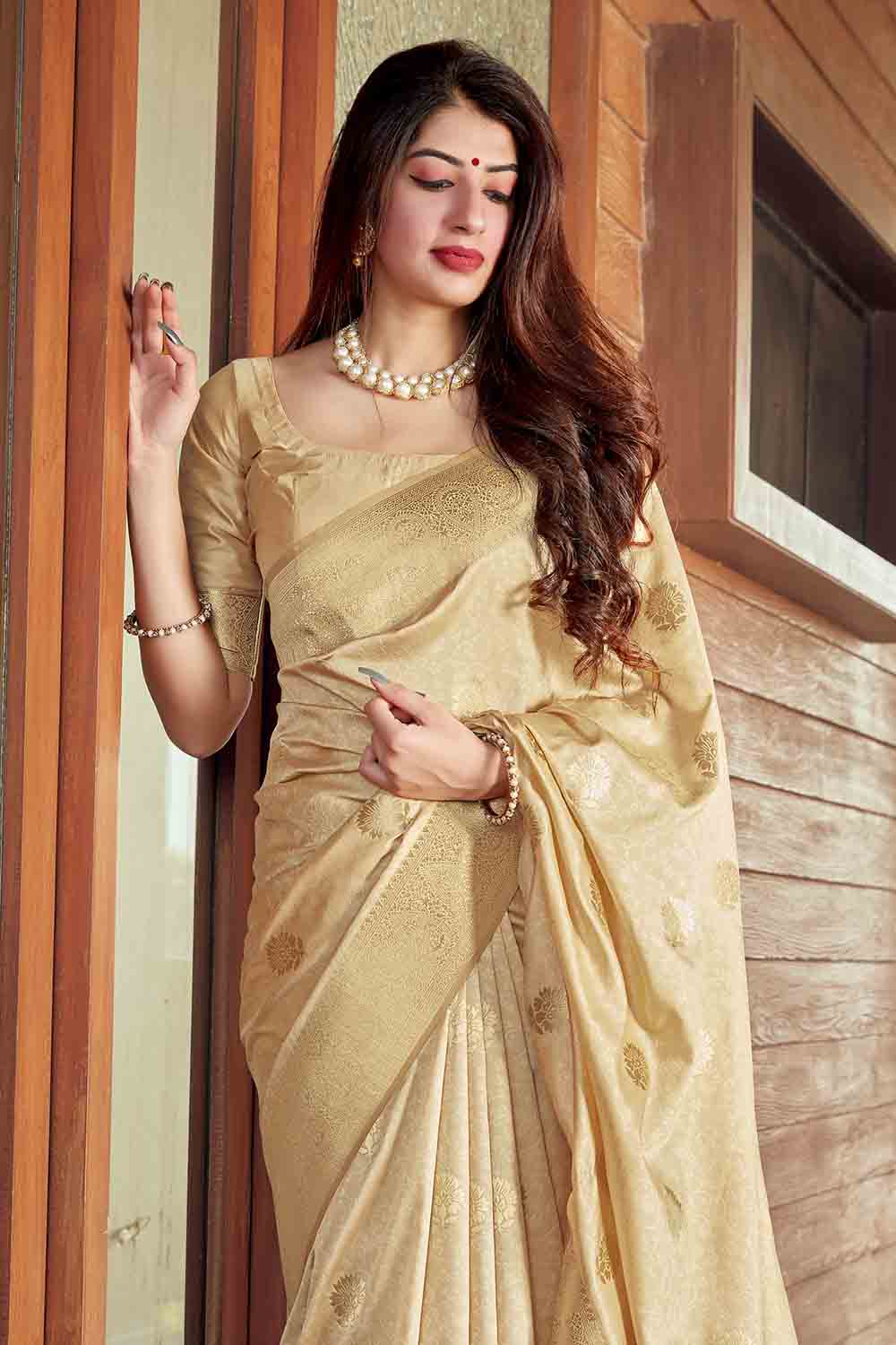 Beige And Golden Shaded Silk Bridal Saree Online | Bagtesh Fashion