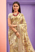 Banarasi Saree Beige Cream Floral Printed Banarasi Saree saree online