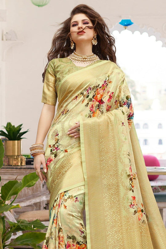 Beige Cream Zari Woven Banarasi Saree