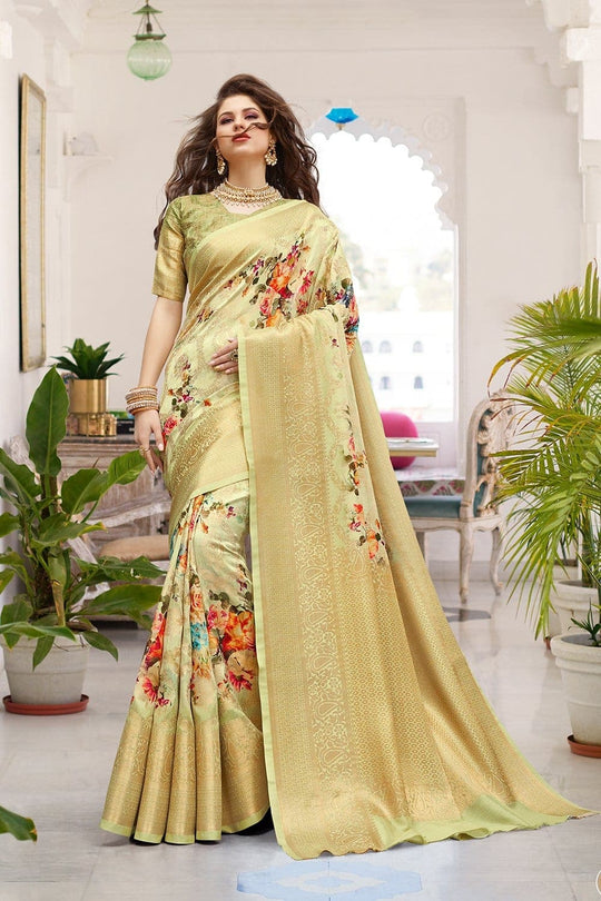 Beige Cream Zari Woven Banarasi Saree