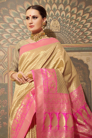 Beige Pink Woven Banarasi Brocade Saree