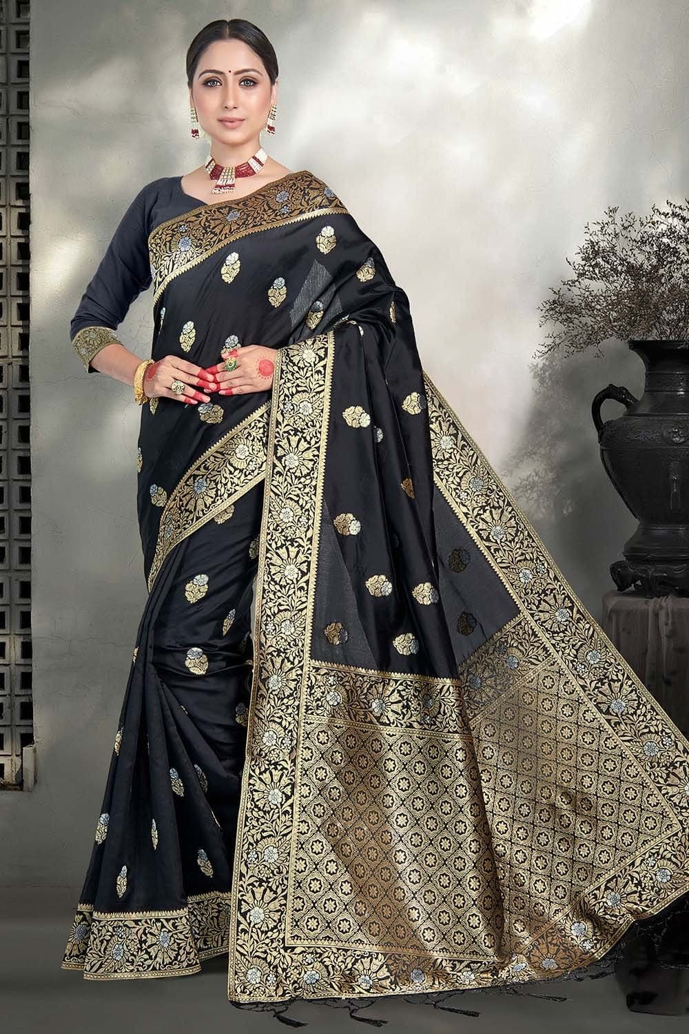 Buy Black zari Woven Banarasi Cotton Saree online Karagiri