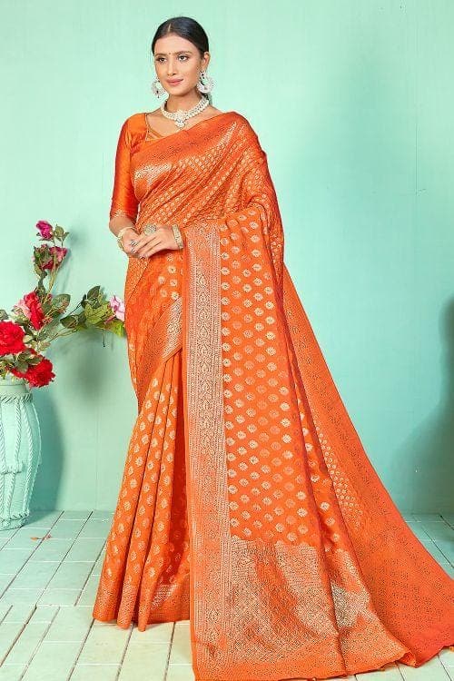 Banarasi Saree Blaze Orange Small Butta Woven Banarasi Saree saree online