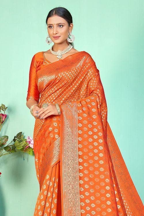 Banarasi Saree Blaze Orange Small Butta Woven Banarasi Saree saree online