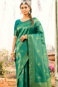 Bluish Green Zari Woven Banarasi Saree