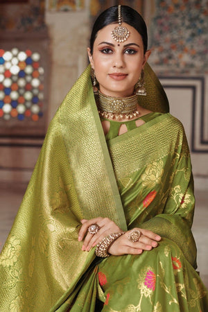 Bright Green Woven Banarasi Brocade Saree