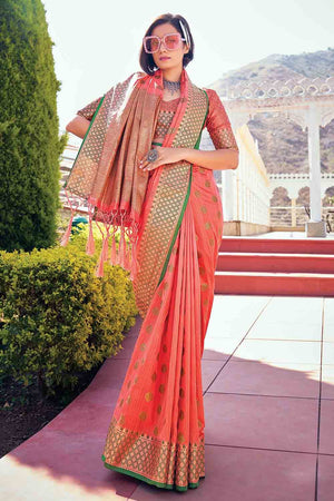 Bright Peach Banarasi Saree
