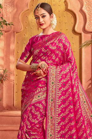 Bright Pink Heavy Zari Woven Banarasi Saree