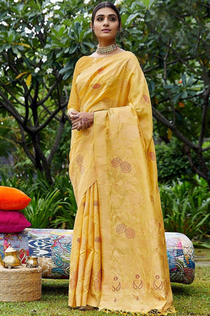Bright Yellow Banarasi Saree