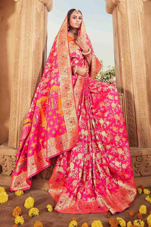 Brink Pink Intricate Jaal Woven Banarasi Saree