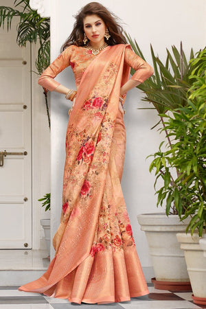 Cantaloupe Orange Zari Woven Banarasi Saree