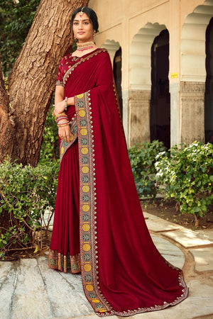 Carmine Maroon Banarasi Saree