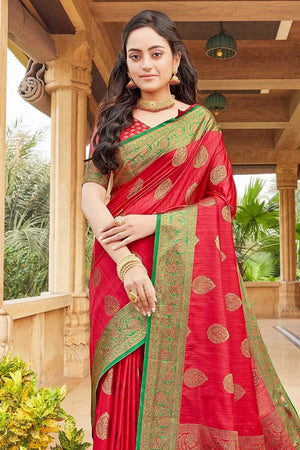 Carmine Red Zari Butta Banarasi Saree