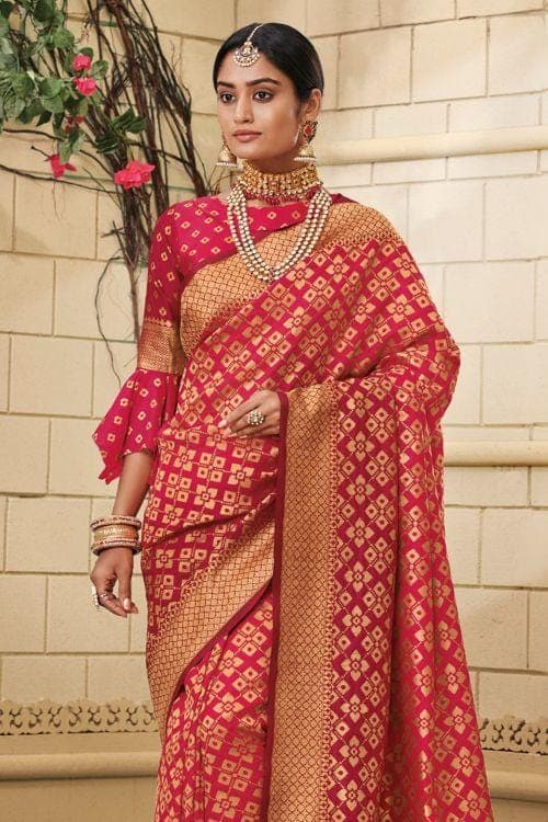 Carmine Red Zari Woven Banarasi Saree