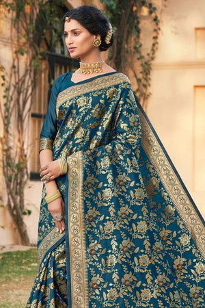 Cerulean Blue Intricate Jaal Woven Banarasi Saree