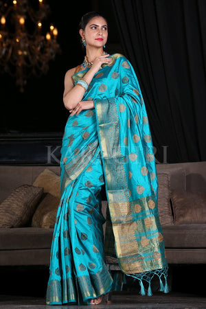 Cerulean Blue Zari Butta Woven Banarasi Saree