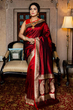 Cherry Red Banarasi Saree