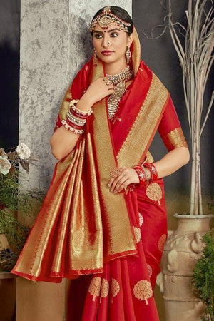 Cherry Red Regal Banarasi Saree