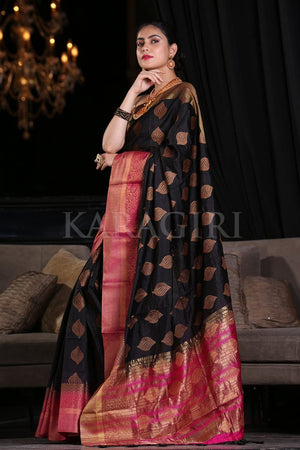 Coal Black Zari Butta Woven Banarasi Saree