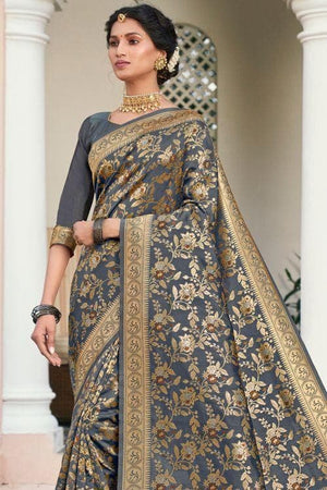 Cobalt Grey Intricate Jaal Woven Banarasi Saree