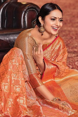 Coral Orange Banarasi Saree