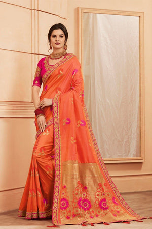 Coral Pink Printed Banarasi
