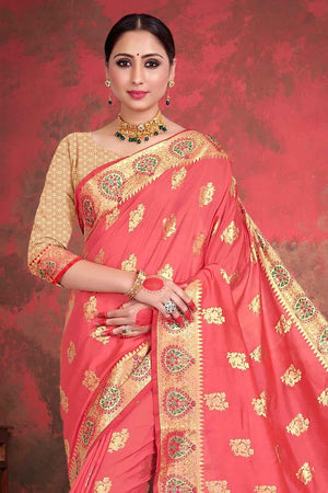 Coral Pink Zari Butta Saree