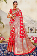Banarasi Saree Coral Red Zari Butta Woven Banarasi Saree saree online